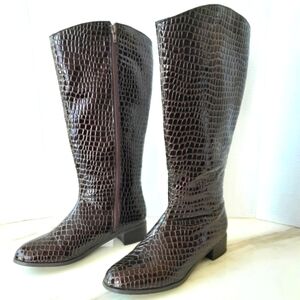 ASHRO Dark Brown Wide Calf Croc Embossed Tall Boots Sz 8M